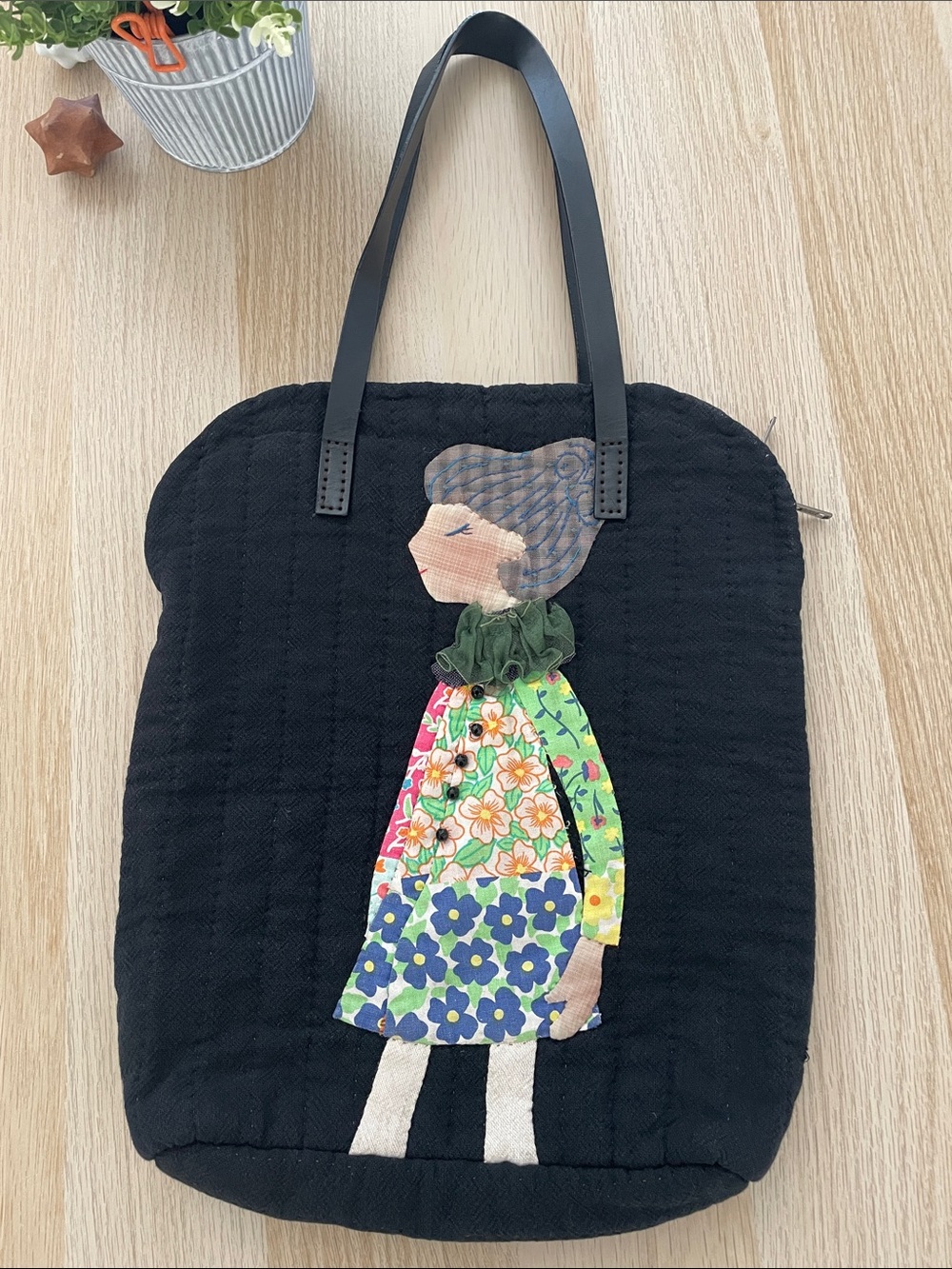 One-of-a-Kind Quilted Tote with Colorful Floral Doll Appliqué